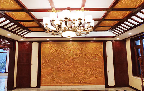 正定中式别墅客厅中式木作横梁吊顶装饰展示